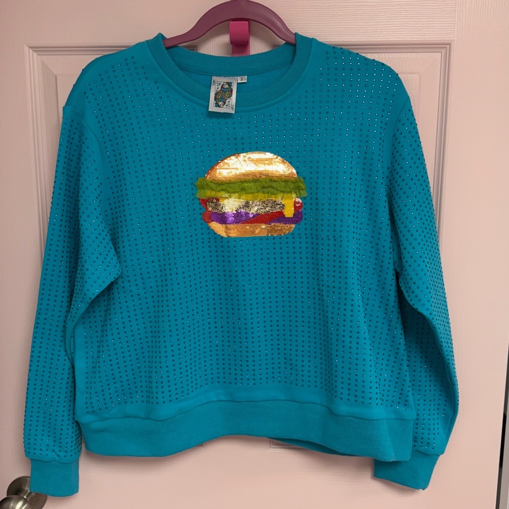 RARE QUEEN OF SPARKLES Teal Cheeseburger Sweatshirt NWOT